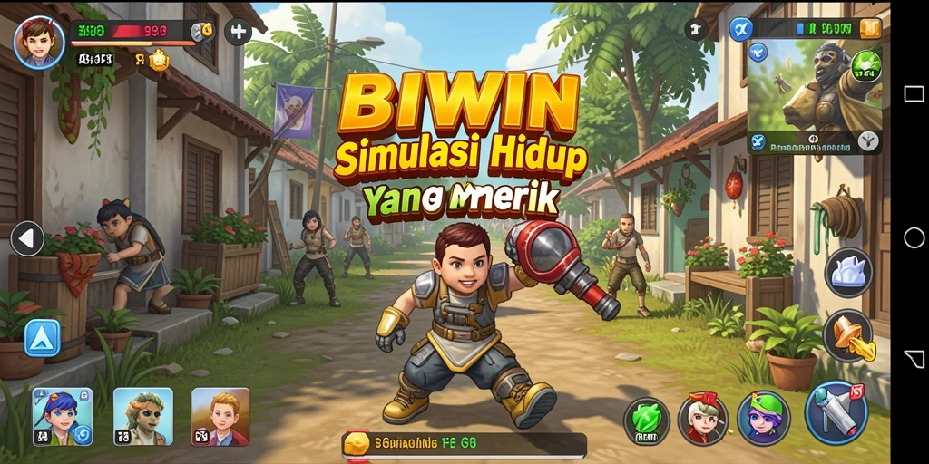 Tampilan screenshot utama BIWIN menampilkan karakter dalam kehidupan sehari-hari yang dinamis.