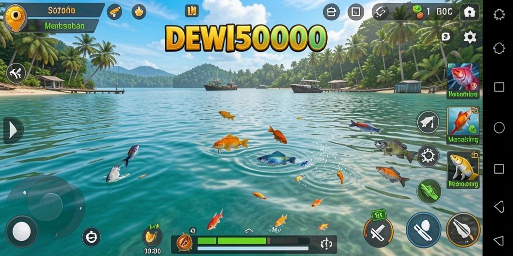Tampilan gameplay DEWI5000 yang menarik saat memancing ikan.