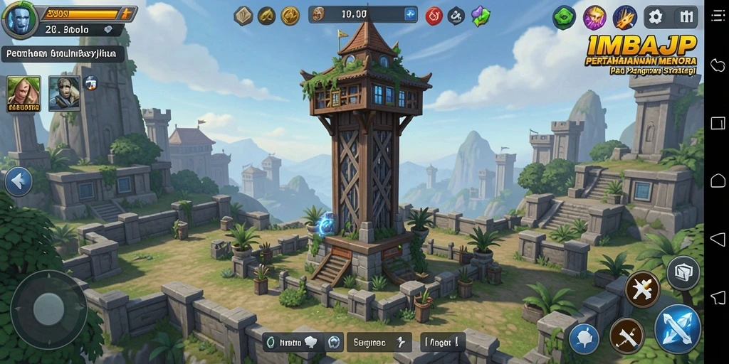 Screenshot utama IMBAJP menampilkan tindakan pertahanan menara yang mendebarkan.