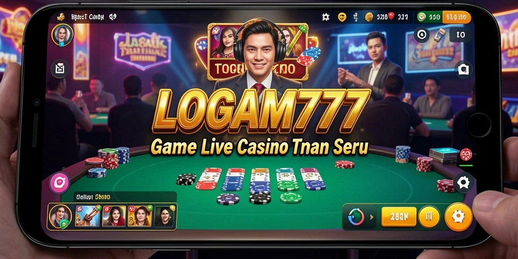 Screenshot gameplay LOGAM777 menunjukkan dealer langsung dan suasana kasino yang seru.