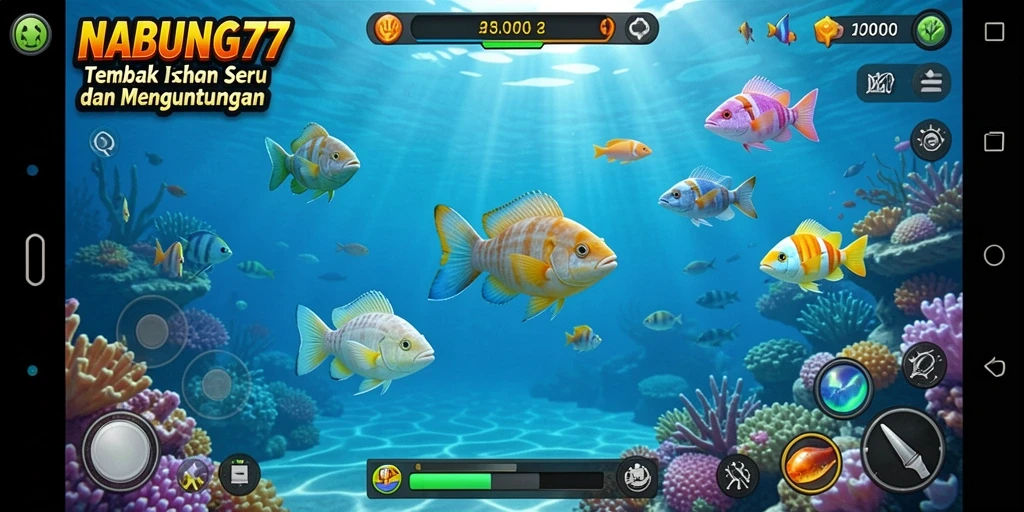 Tampilan gameplay seru di NABUNG77 dengan ikan berwarna-warni yang menanti untuk ditembak.