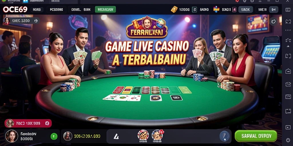 Screenshot gameplay OCE69 menunjukkan dealer live dan meja kasino yang mengesankan.