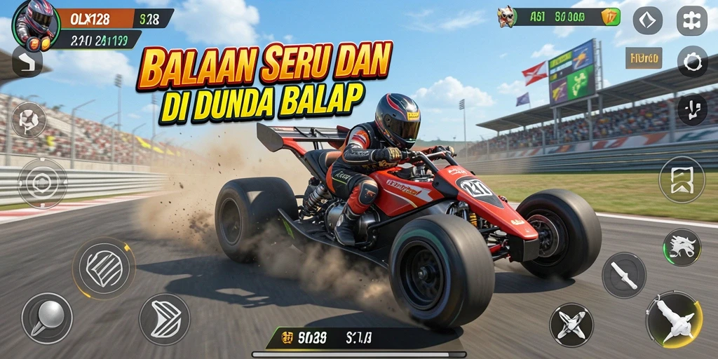 Tangkapan layar utama OLX128 menampilkan aksi balapan yang mendebarkan.